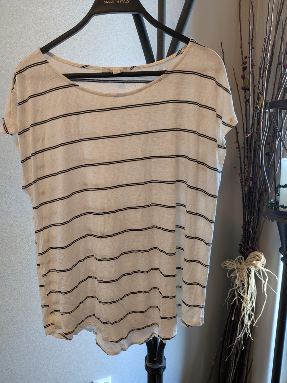 Green Envelope Beige Crewneck Short-Sleeve Tee with Black Stripes